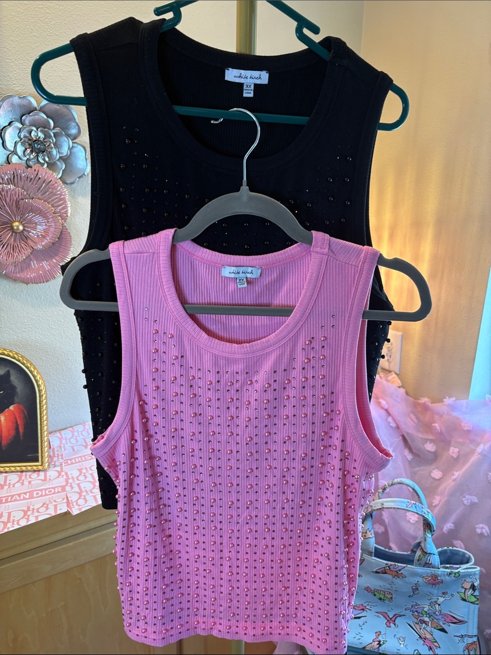 Black and Pink Studded Ribbed Tank Top (2 tanks)